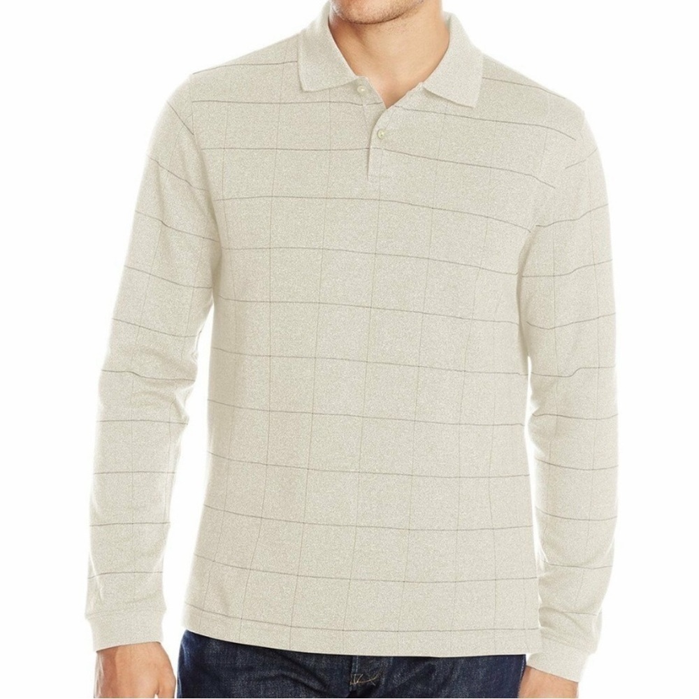 Van Heusen Men's Ivory Tan Collared Polo Shirt Long Sleeve Windowpane size XL